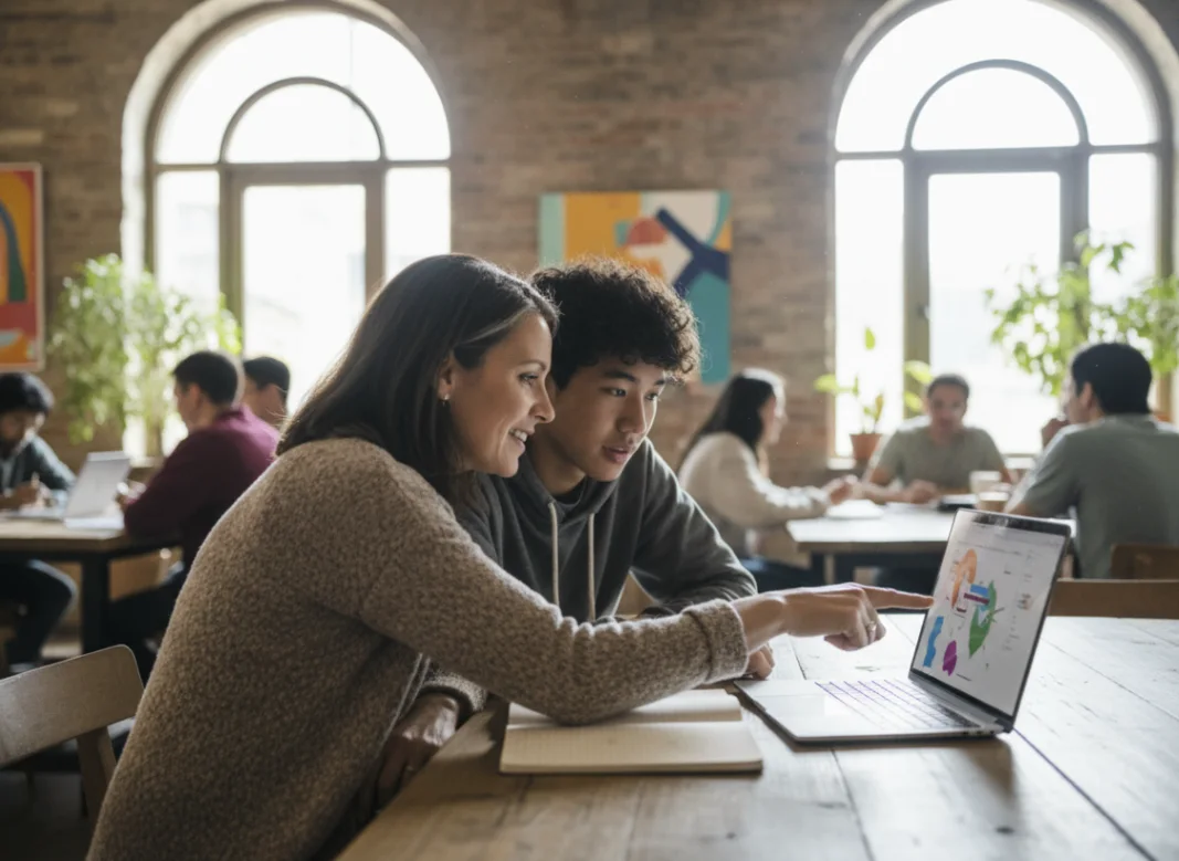 Mentor helping a student learn in a community classroom
