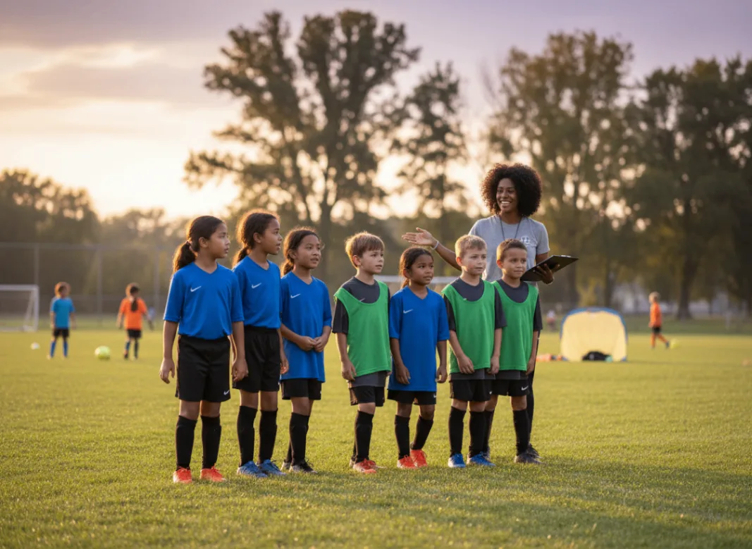 Young people playing soccer together outdoors